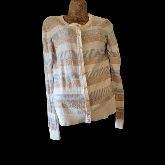 Tommy Hilfiger Womens Striped Cardigan With Pearl Accents 100% Pima Size M - Picture 3 of 16